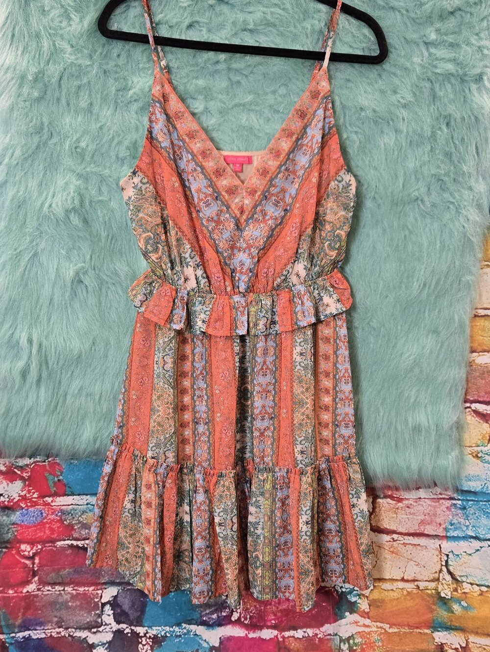 Flying Tomato Orange Green and Pink Floral Spaghetti Strap Dress Size M - Picture 1 of 8